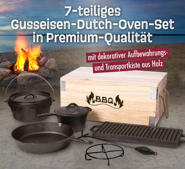 Dutch-Oven-Set 7-teilig / Gusseisen in Premiumqualit�t / mit Transportkiste