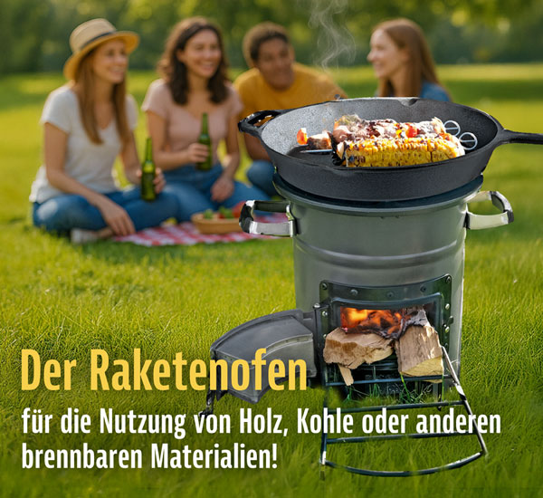 Raketenofen f�r Dutch Oven, Gusspfanne, Gusstopf oder Grill / mit Gusseiserner Kochplatte - Sehr gut