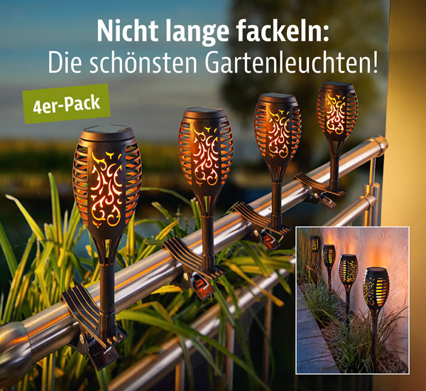 4er-Pack Solar-Gartenstecker �Flame� mit Befestigungshalterung